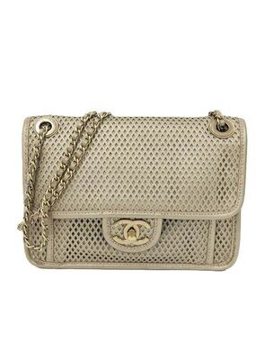 Chanel CC Logo Double Chain Shoulder Bag Leather Mesh Gold
